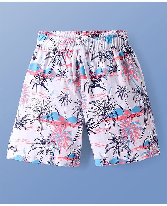 Pine Kids Single Jersey Knit Half Sleeves Shorts Set with Beach Theme Print - White