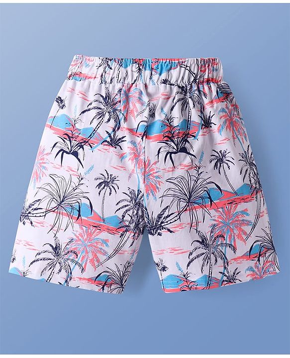 Pine Kids Single Jersey Knit Half Sleeves Shorts Set with Beach Theme Print - White