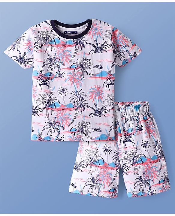 Pine Kids Single Jersey Knit Half Sleeves Shorts Set with Beach Theme Print - White