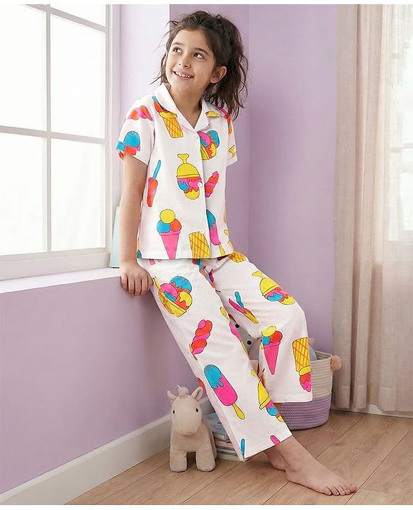 Pine Kids Cotton Knit Half Sleeves Co-Ord Capri Night Suit with Ice -Cream Print - White