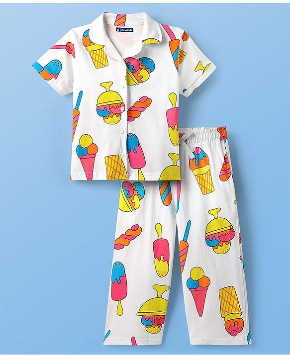 Pine Kids Cotton Knit Half Sleeves Co-Ord Capri Night Suit with Ice -Cream Print - White