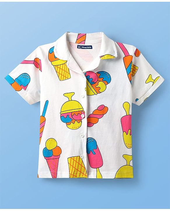 Pine Kids Cotton Knit Half Sleeves Co-Ord Capri Night Suit with Ice -Cream Print - White