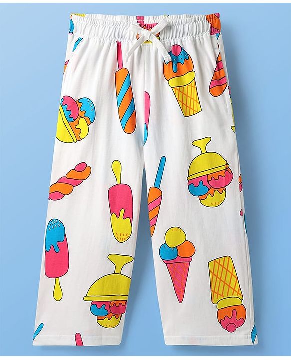 Pine Kids Cotton Knit Half Sleeves Co-Ord Capri Night Suit with Ice -Cream Print - White