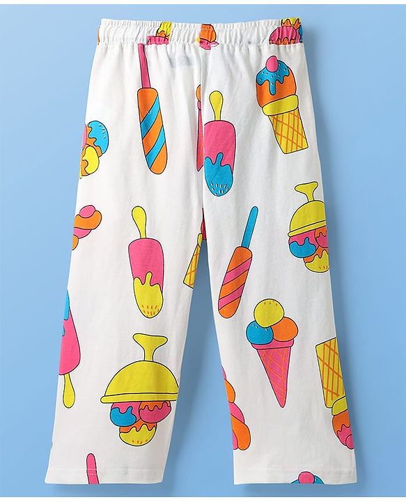 Pine Kids Cotton Knit Half Sleeves Co-Ord Capri Night Suit with Ice -Cream Print - White