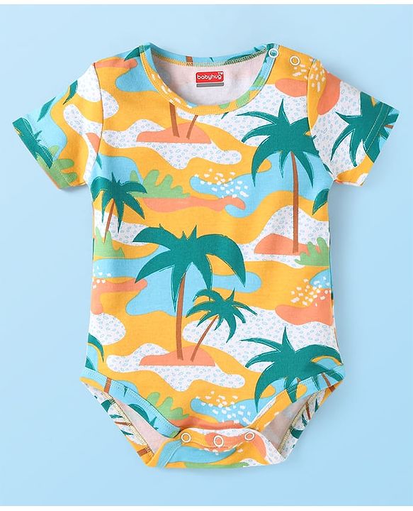 Babyhug 100% Cotton Knit Half Sleeves Beach Theme Printed Onesie - Yellow &  White