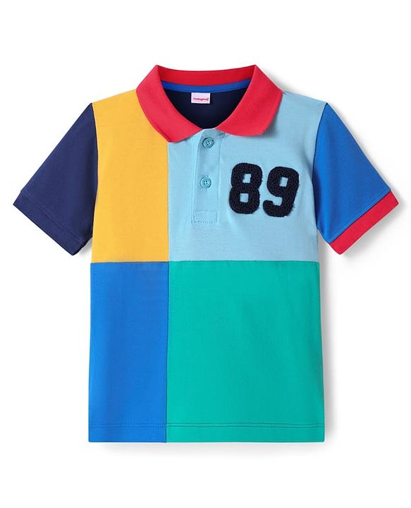 Babyhug Cotton Knit Half Sleeves Cut & Sew Polo T-Shirt With Embroidery Detailing - Blue & Light Blue