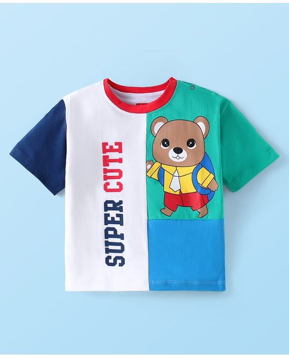 Babyhug Cotton Knit Half Sleeves Cut & Sew T-Shirt with Teddy & Text Print - White Blue
