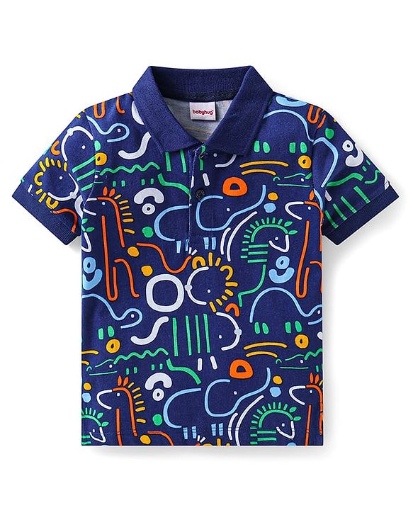 Babyhug Cotton Knit Half Sleeves Printed Polo T-Shirt - Navy Blue