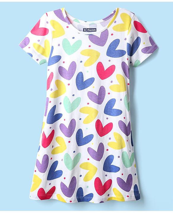 Pine Kids Single Jersey Knit Half Sleeves Nighty with Heart Print - White