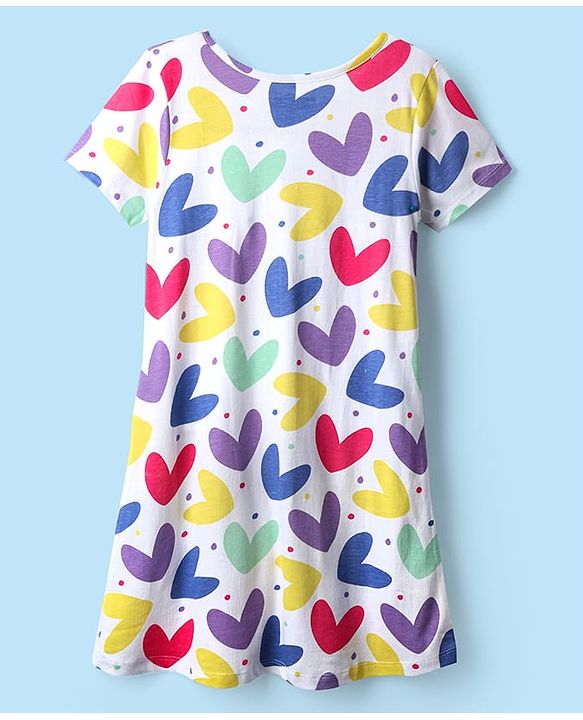 Pine Kids Single Jersey Knit Half Sleeves Nighty with Heart Print - White