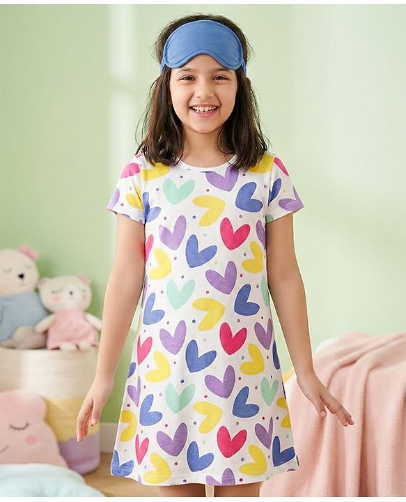Pine Kids Single Jersey Knit Half Sleeves Nighty with Heart Print - White