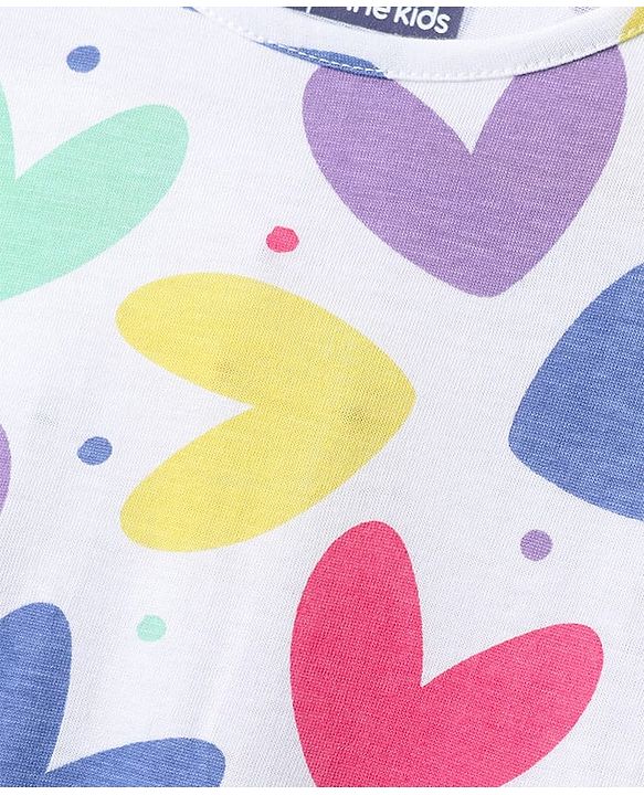 Pine Kids Single Jersey Knit Half Sleeves Nighty with Heart Print - White