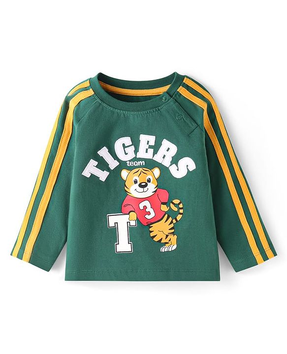 Babyhug Cotton Knit Full Raglan Sleeves T-Shirt with Tiger Print & Embroidered Text - Green