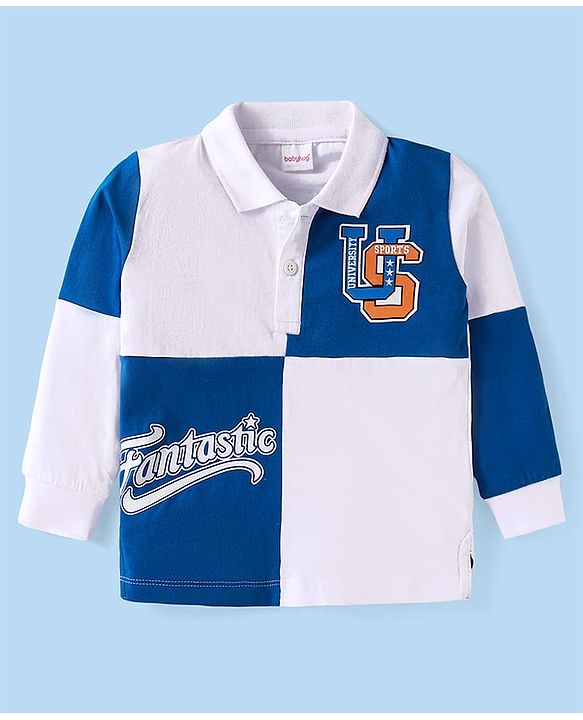 Babyhug Cotton Knit Full Sleeves Polo T-Shirt with Text Print & Embroidery Detailing - White