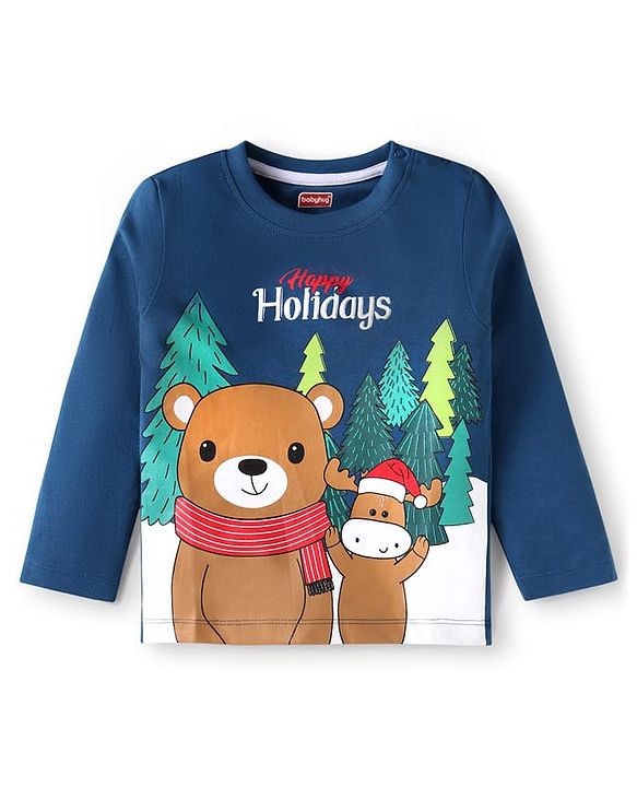Babyhug Cotton Knit Full Sleeves T-Shirt with Christmas Graphics - Navy Blue
