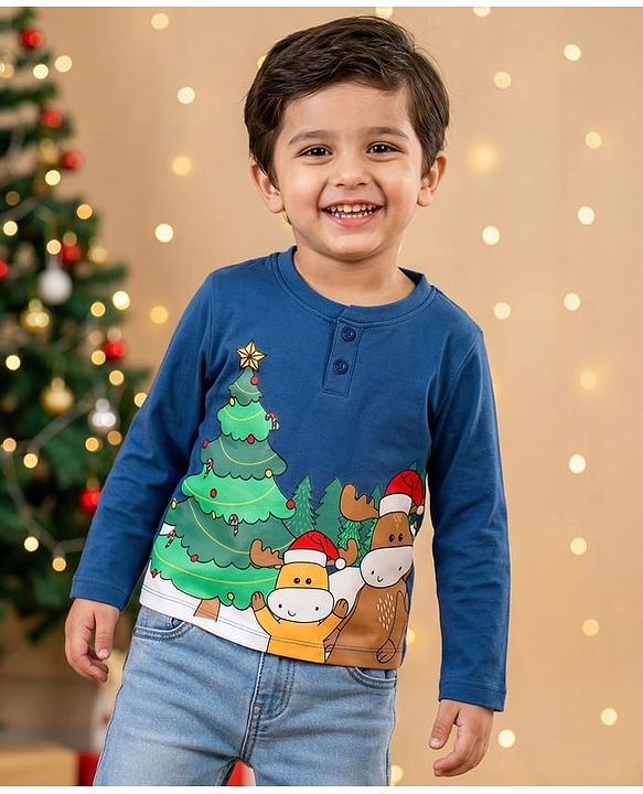 Babyhug Cotton Knit Full Sleeves T-Shirt With Animal Print - Navy Blue
