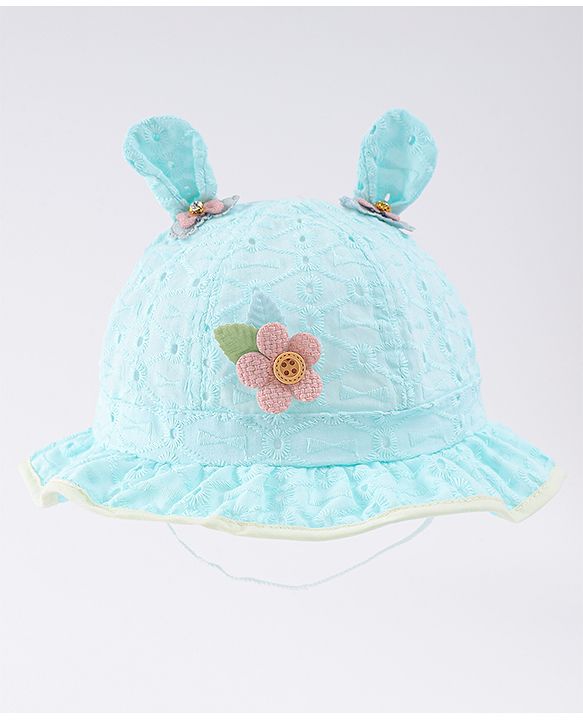 Babyhug Cotton Bucket Hat with Floral & Ear Applique - Light Blue
