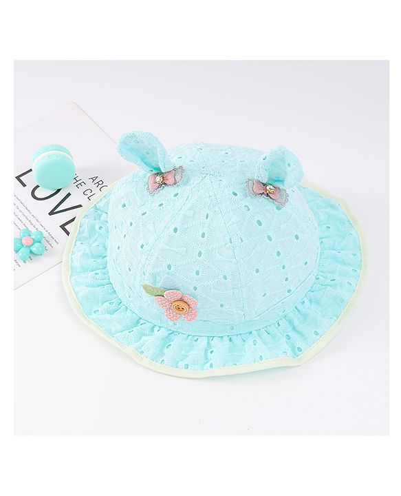 Babyhug Cotton Bucket Hat with Floral & Ear Applique - Light Blue