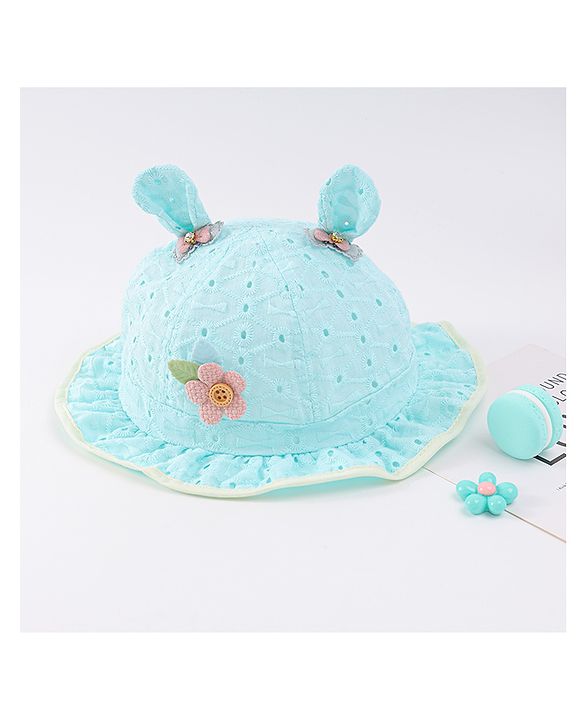 Babyhug Cotton Bucket Hat with Floral & Ear Applique - Light Blue