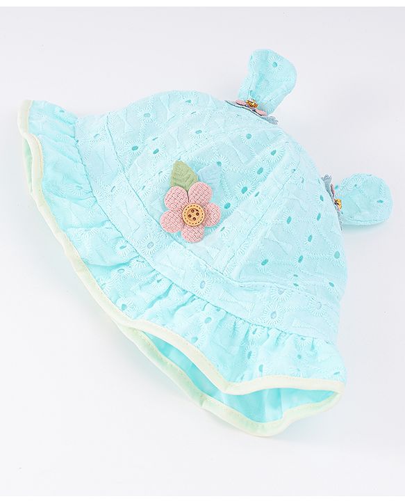 Babyhug Cotton Bucket Hat with Floral & Ear Applique - Light Blue