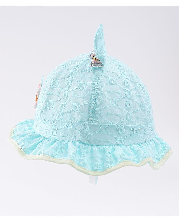 Babyhug Cotton Bucket Hat with Floral & Ear Applique - Light Blue
