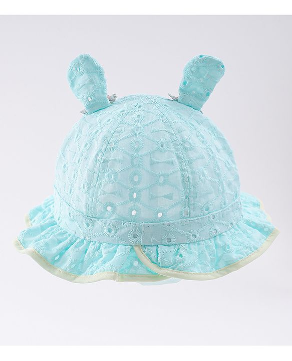 Babyhug Cotton Bucket Hat with Floral & Ear Applique - Light Blue