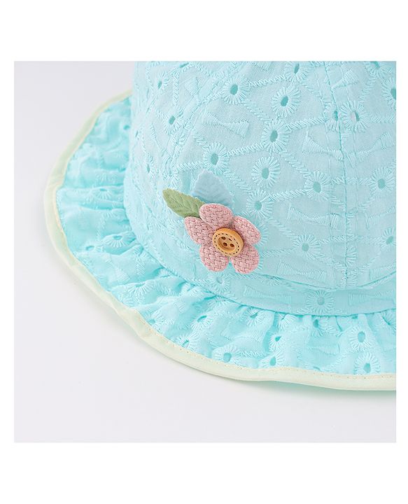 Babyhug Cotton Bucket Hat with Floral & Ear Applique - Light Blue