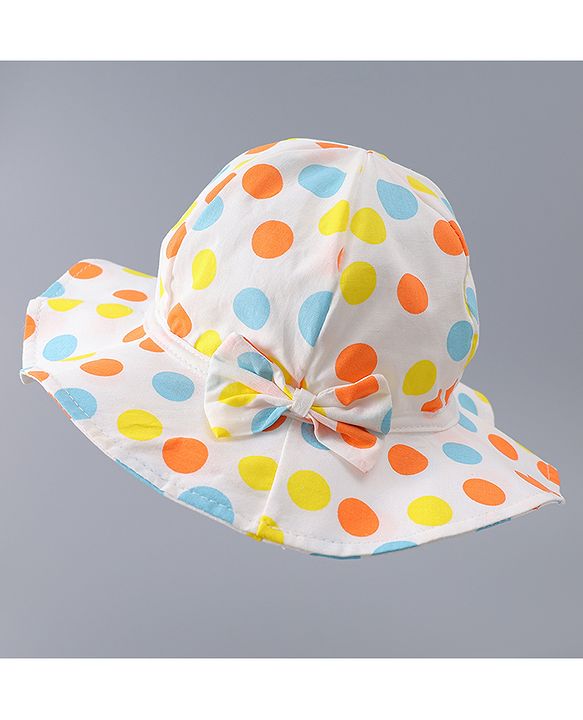 Babyhug Cotton Bucket Hat with Polka Dots Print & Bow Applique  - Light Blue