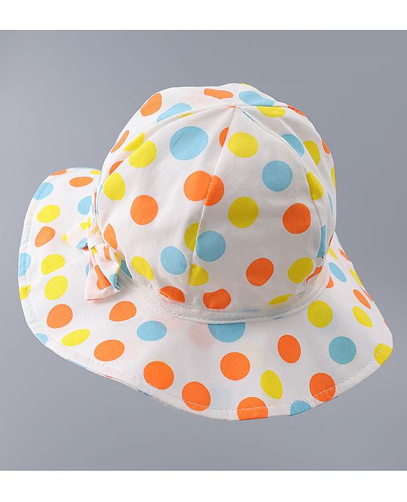 Babyhug Cotton Bucket Hat with Polka Dots Print & Bow Applique  - Light Blue