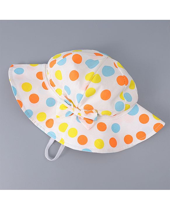 Babyhug Cotton Bucket Hat with Polka Dots Print & Bow Applique  - Light Blue