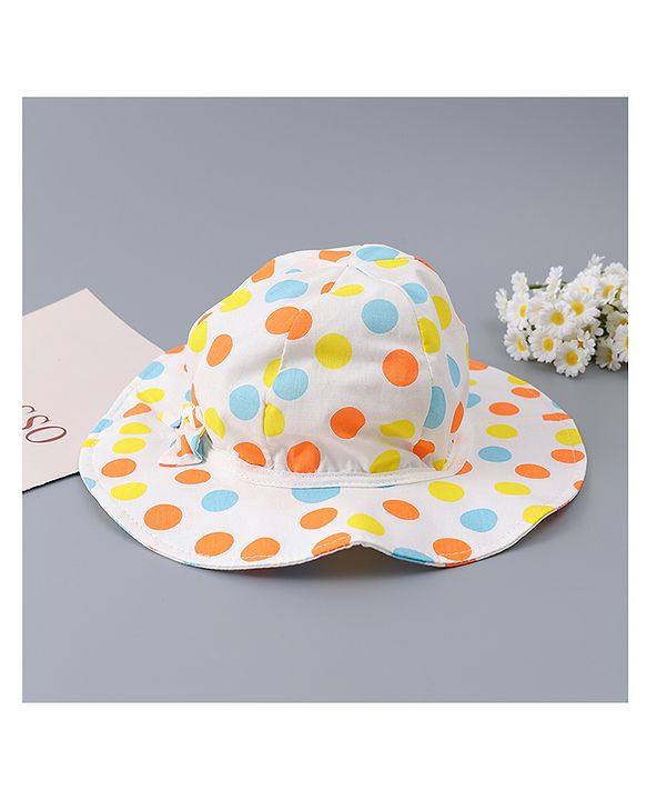 Babyhug Cotton Bucket Hat with Polka Dots Print & Bow Applique  - Light Blue
