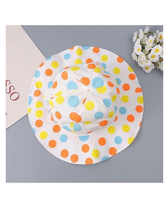 Babyhug Cotton Bucket Hat with Polka Dots Print & Bow Applique  - Light Blue