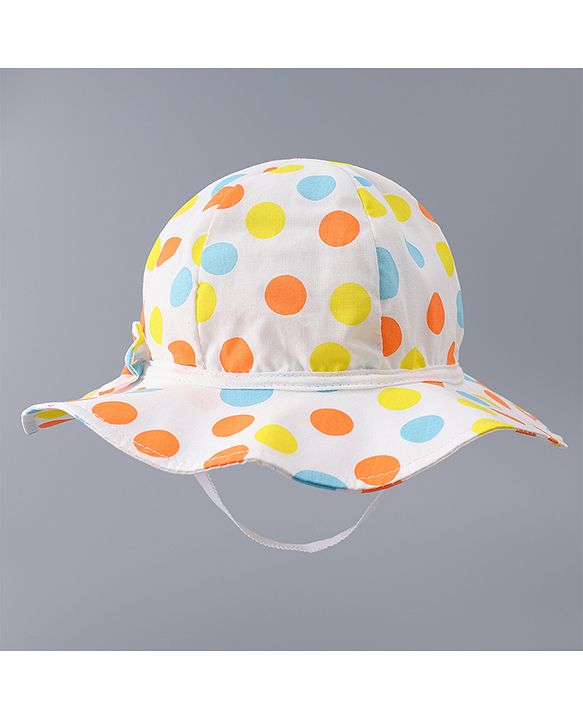 Babyhug Cotton Bucket Hat with Polka Dots Print & Bow Applique  - Light Blue