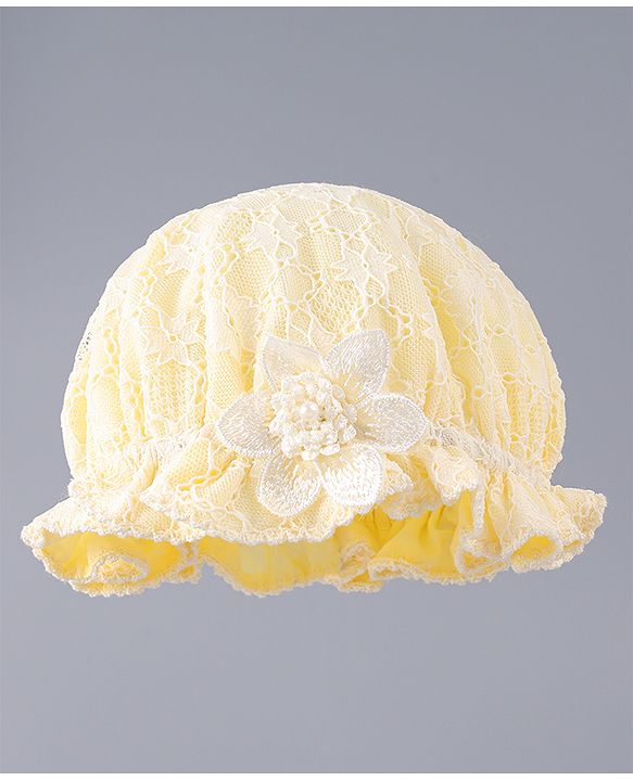Babyhug Chiffon Bucket Hat with Floral Applique - Yellow