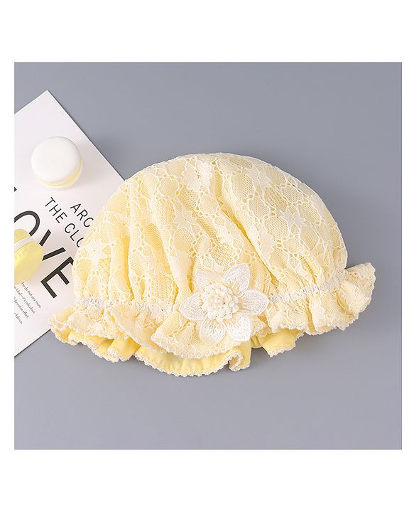 Babyhug Chiffon Bucket Hat with Floral Applique - Yellow