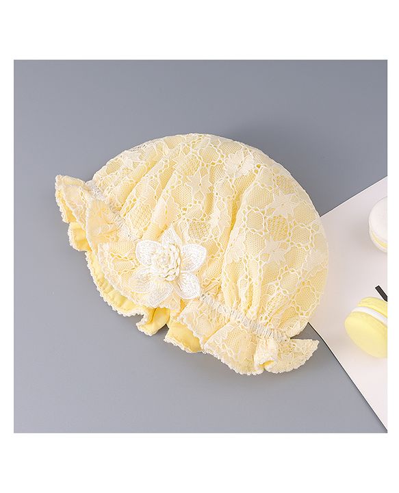 Babyhug Chiffon Bucket Hat with Floral Applique - Yellow