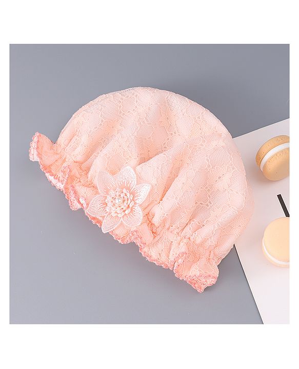 Babyhug Chiffon Bucket Hat with Floral Applique - Peach