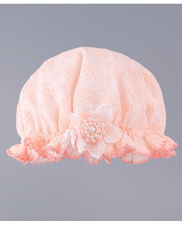 Babyhug Chiffon Bucket Hat with Floral Applique - Peach