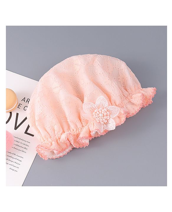 Babyhug Chiffon Bucket Hat with Floral Applique - Peach