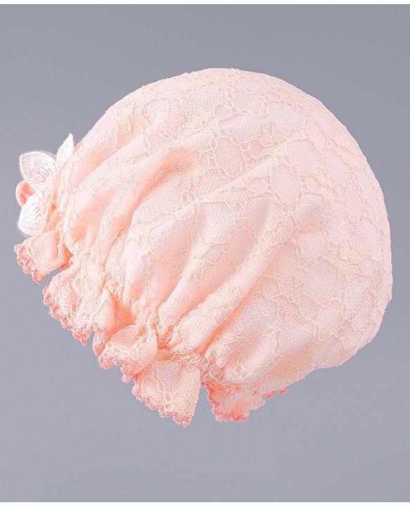 Babyhug Chiffon Bucket Hat with Floral Applique - Peach