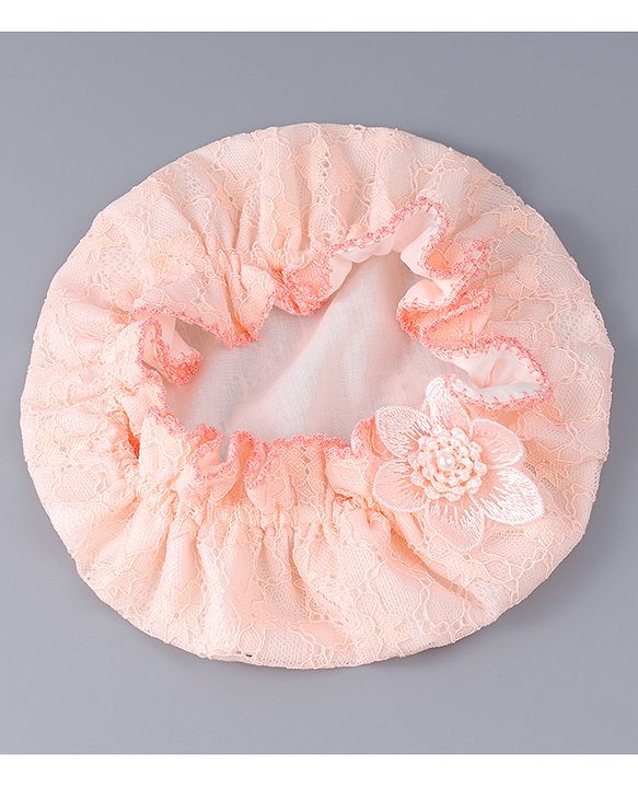 Babyhug Chiffon Bucket Hat with Floral Applique - Peach