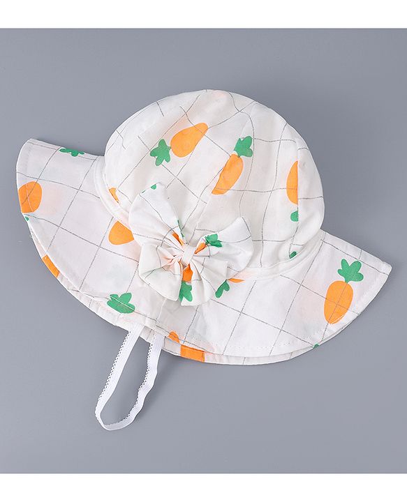 Babyhug Cotton Bucket Hats with Bow Applique & Carrot Print - Orange