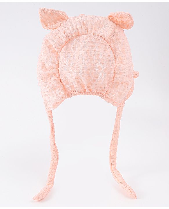 Babyhug Chiffon Bucket Hat with Knot & Ears Applique - Peach