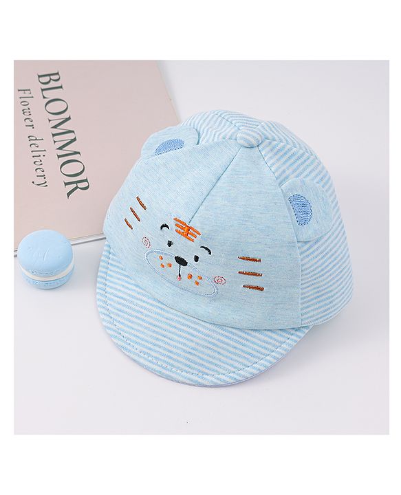 Babyhug Cotton Baseball Cap with Bear Applique - Light Blue