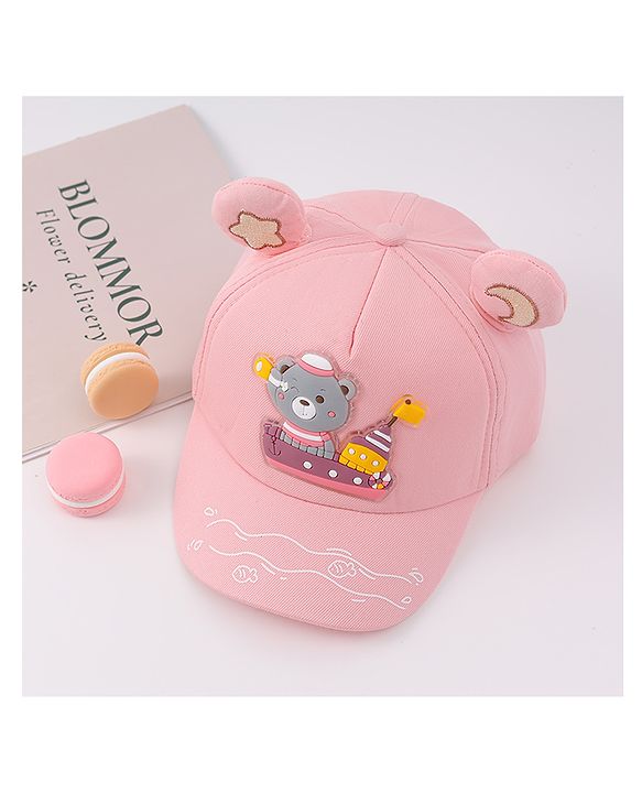 Babyhug Free Size Baseball Cap With Ear Applique & Bear Patch  - Pink