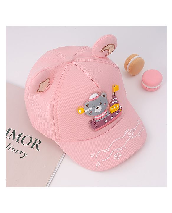 Babyhug Free Size Baseball Cap With Ear Applique & Bear Patch  - Pink