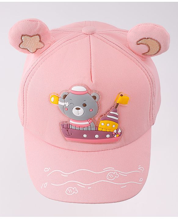 Babyhug Free Size Baseball Cap With Ear Applique & Bear Patch  - Pink