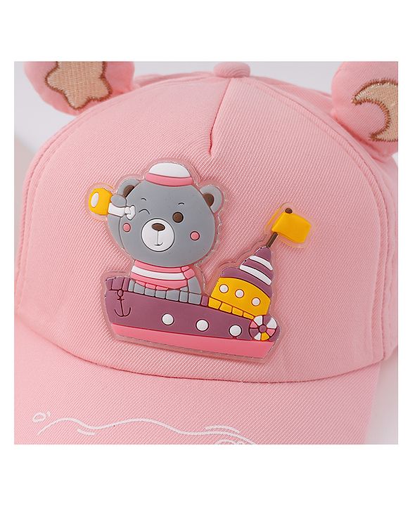 Babyhug Free Size Baseball Cap With Ear Applique & Bear Patch  - Pink