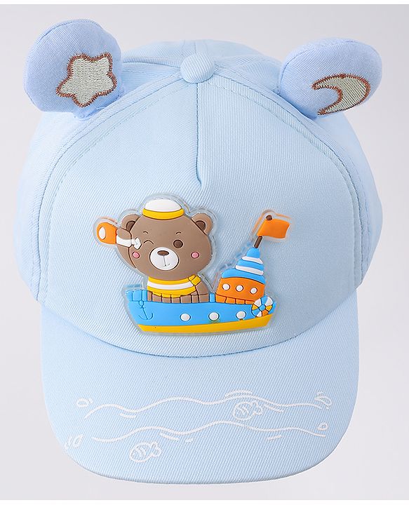 Babyhug Free Size Baseball Cap With Ear Applique & Bear Patch  - Blue