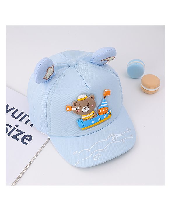 Babyhug Free Size Baseball Cap With Ear Applique & Bear Patch  - Blue